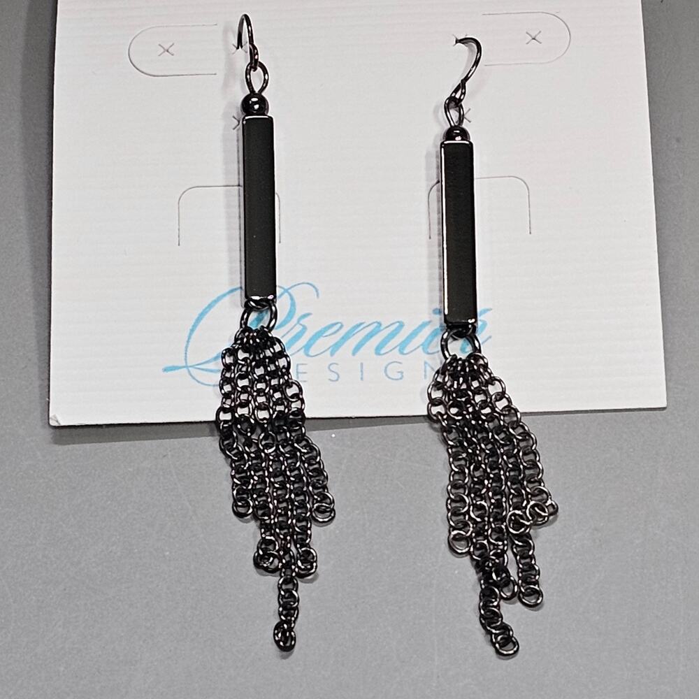 Premier Designs INTO THE SWING Hematite Earrings Chain Tassel Fringe Pierced NEW